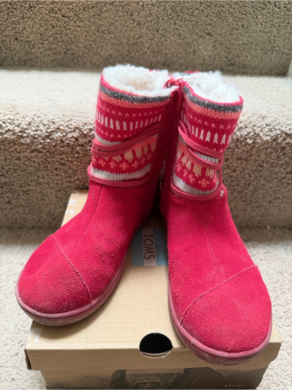 Toms Kids Pink Suede Knit Cuff Faux-Fur Lined Boots